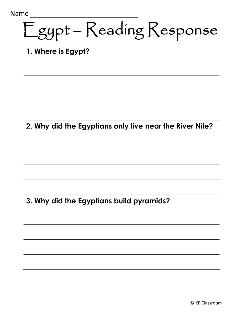 Reading response asks where Egypt is, why Egyptians lived near the Nile, and why they built pyramids