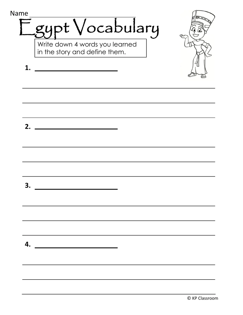 Egypt vocabulary activity asks students to choose four words learned in the story and define each one