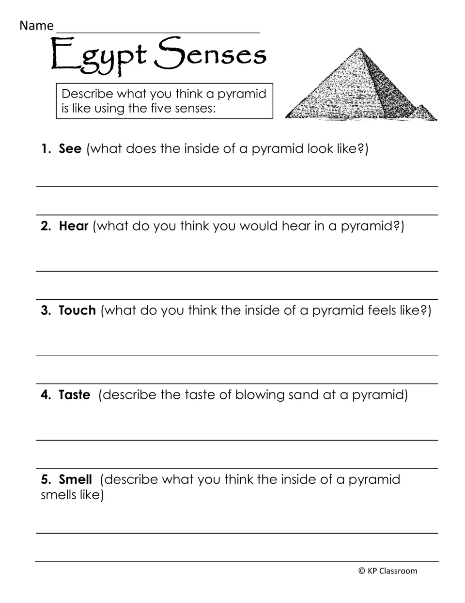 Egypt Senses writing activity asks students to imagine a pyramid using sight, hearing, touch, taste, and smell