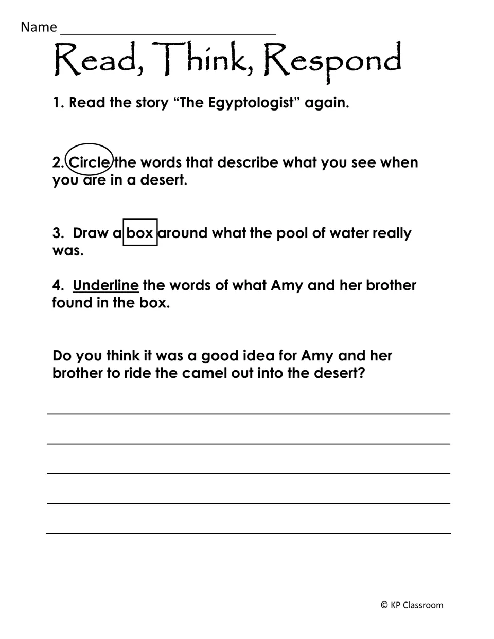 Story response asks students to mark desert details, the mirage, and treasure, then judge Amy's decision