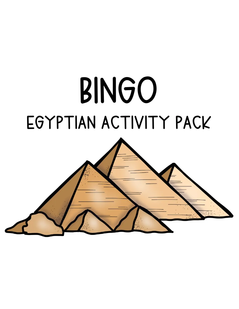 Bingo Egyptian Activity Pack cover with a drawing of three large sandstone pyramids and smaller ones at their base