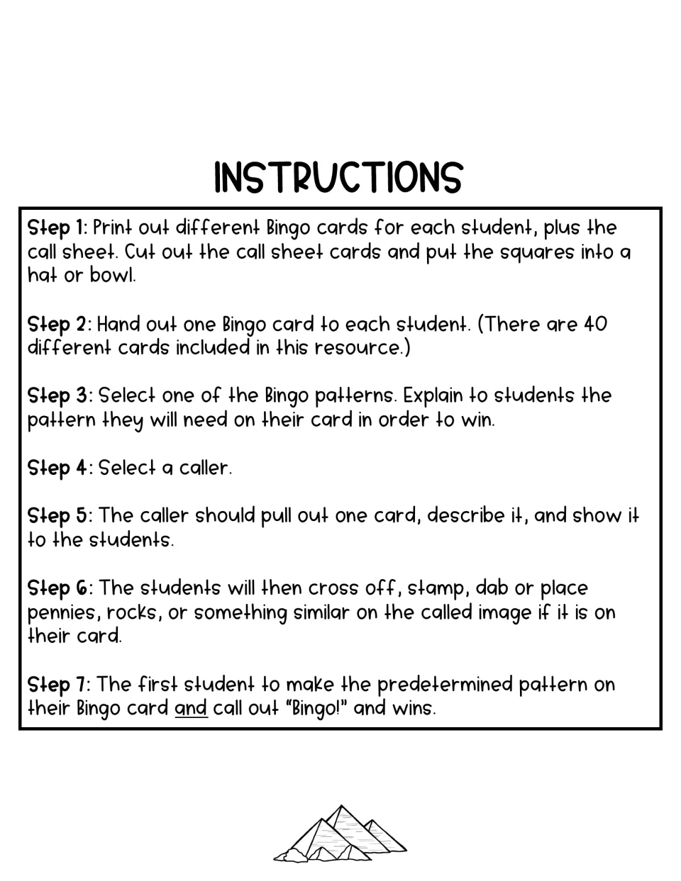 Bingo instructions in seven steps: print cards and call sheet, choose a pattern and caller, mark called images to win