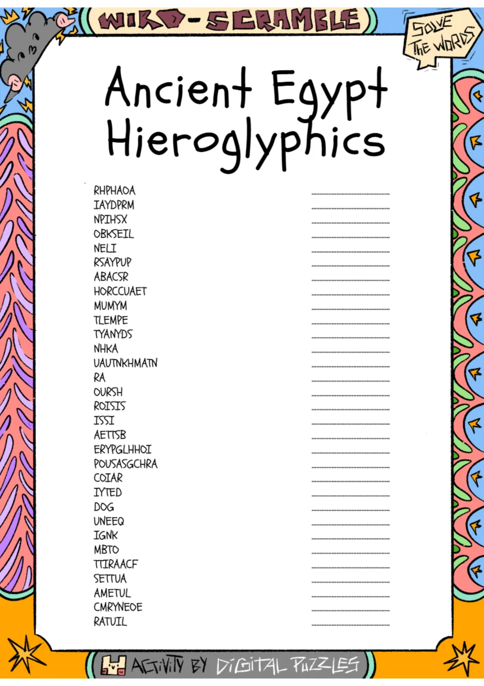 Ancient Egypt word scramble: students unscramble 30 words such as RHPHAOA, MUMYM and NELI and write each answer