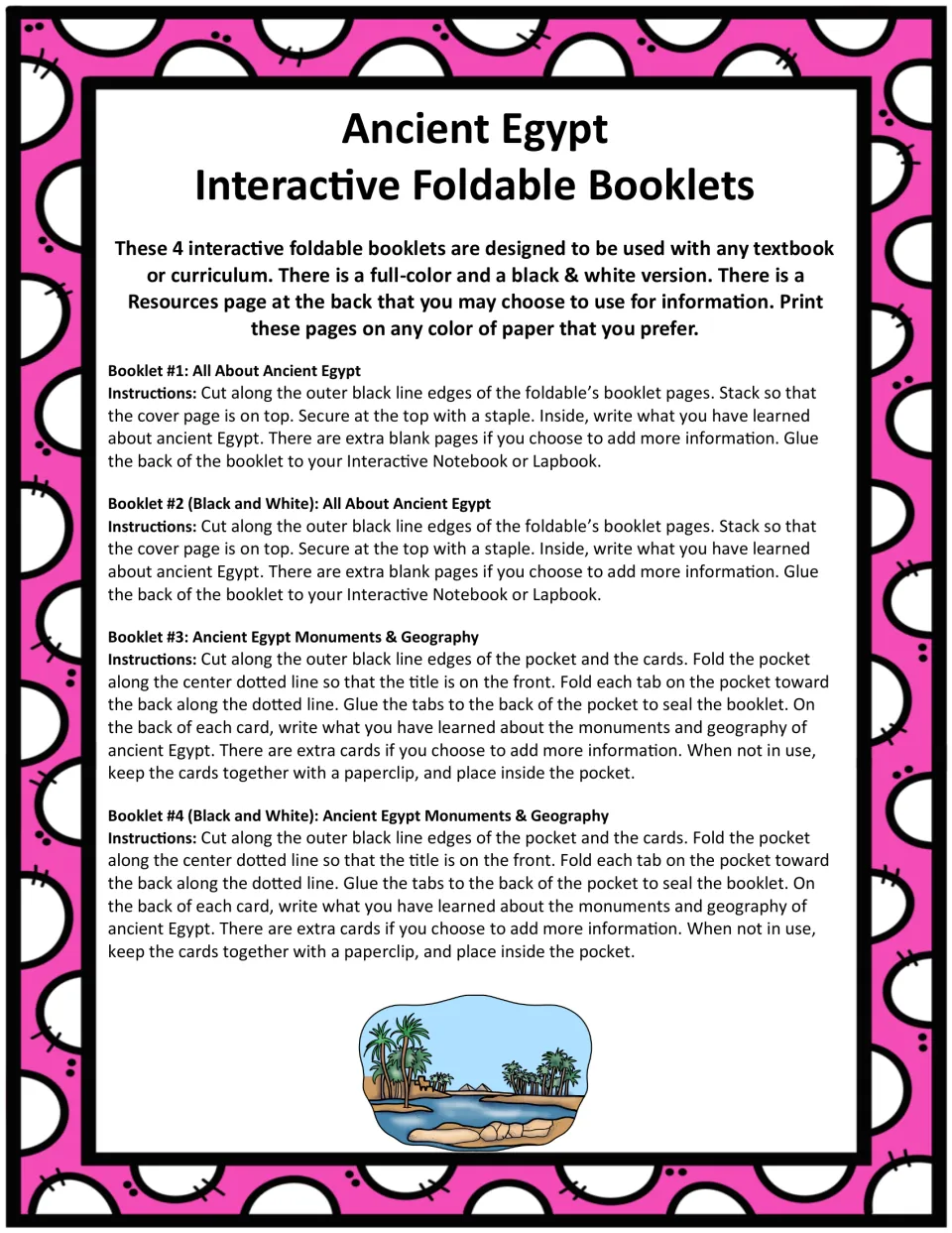 Assembly instructions for 4 Egypt booklets: cut, stack and staple the All About pages; fold and glue the Monuments pocket