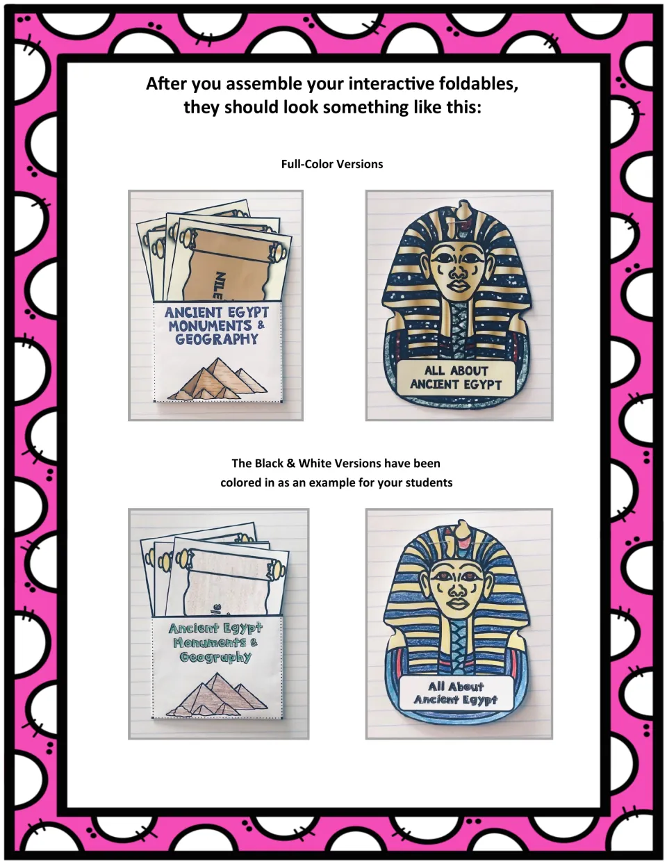 Photos of finished Egypt foldables: a pharaoh-mask All About booklet and a pyramid pocket of Monuments & Geography cards