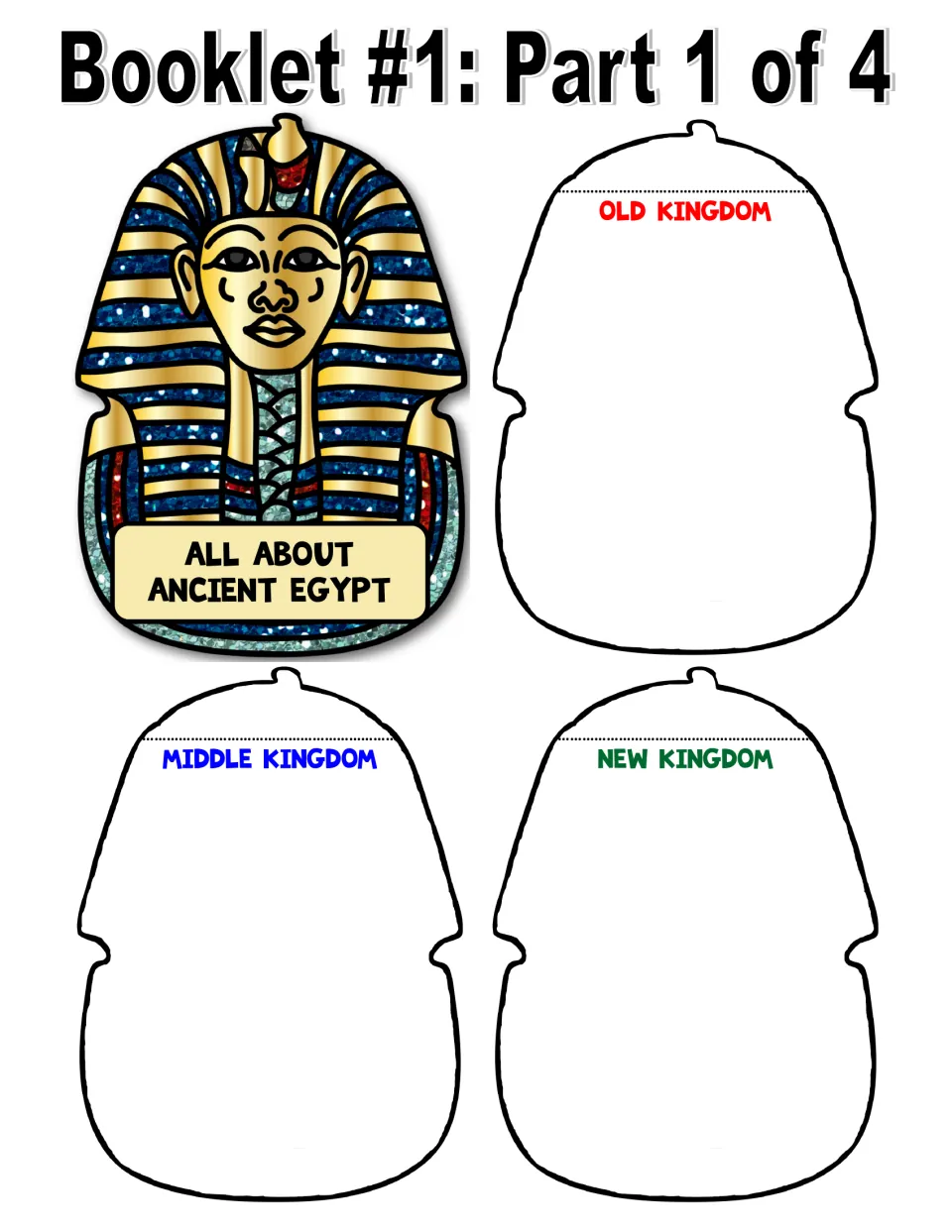 Pharaoh-mask booklet cover cut-out pieces in color: All About Ancient Egypt plus Old, Middle and New Kingdom writing pages