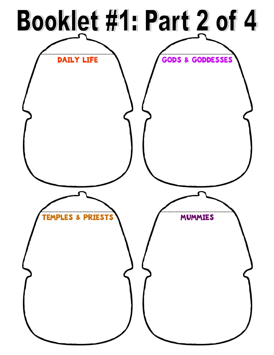 Color booklet cut-out pieces for writing notes on Daily Life, Gods & Goddesses, Temples & Priests and Mummies in Egypt
