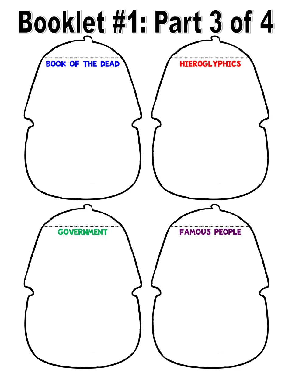 Color booklet cut-out pieces for notes on the Book of the Dead, Hieroglyphics, Government and Famous People of Egypt