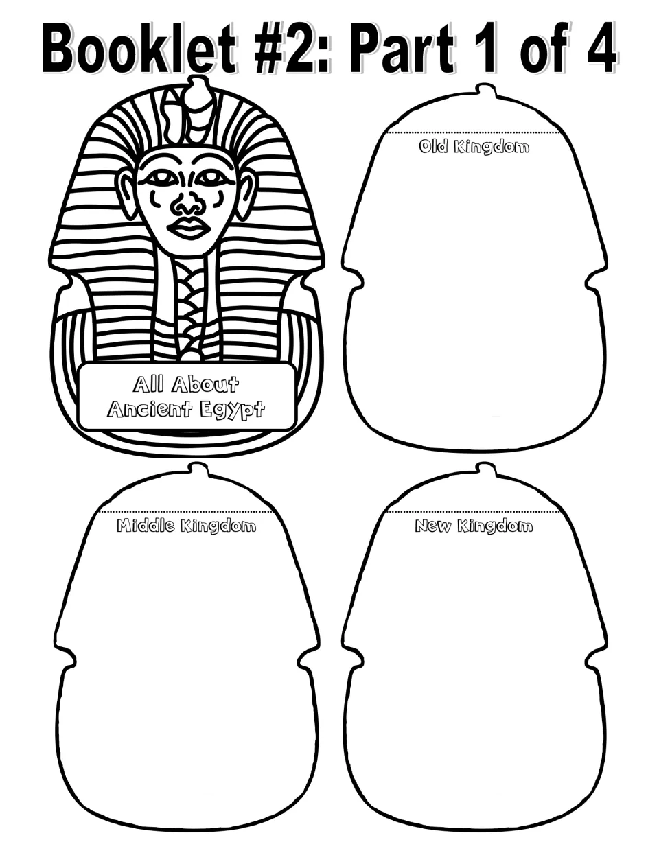 Black-and-white pharaoh-mask booklet cover to color, with cut-out pieces for Old, Middle and New Kingdom notes