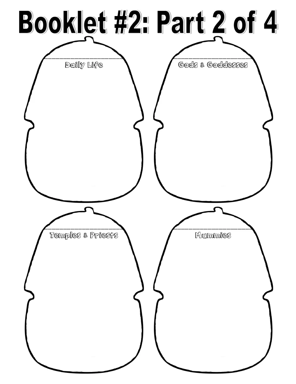 Black-and-white cut-out pieces to color and fill in on Egyptian Daily Life, Gods & Goddesses, Temples & Priests, Mummies