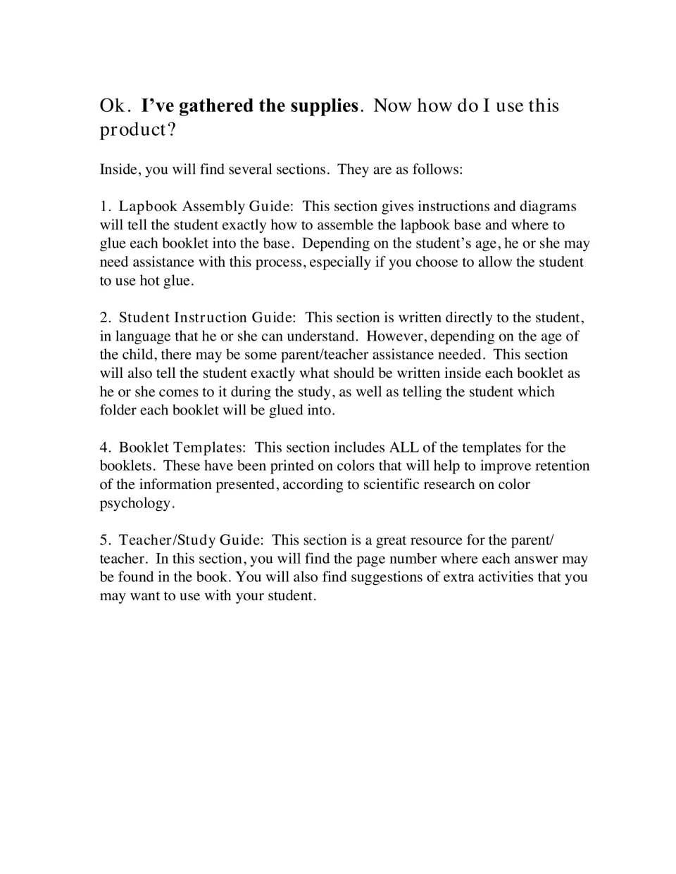 Overview of the lapbook's sections: assembly guide, student instruction guide, booklet templates and teacher study guide