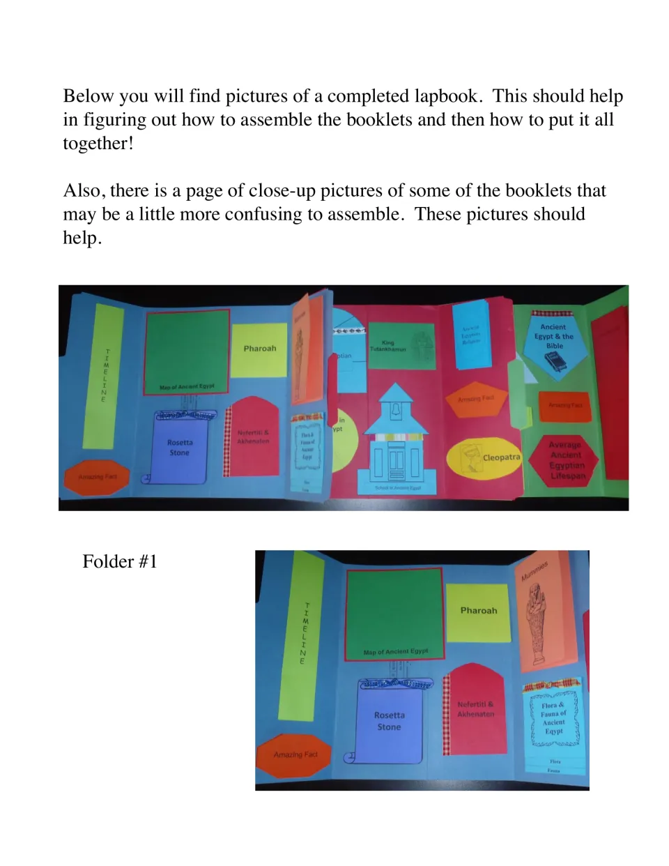 Photos of a finished Egypt lapbook and Folder #1 with Timeline, Map of Ancient Egypt, Pharoah and Mummies booklets