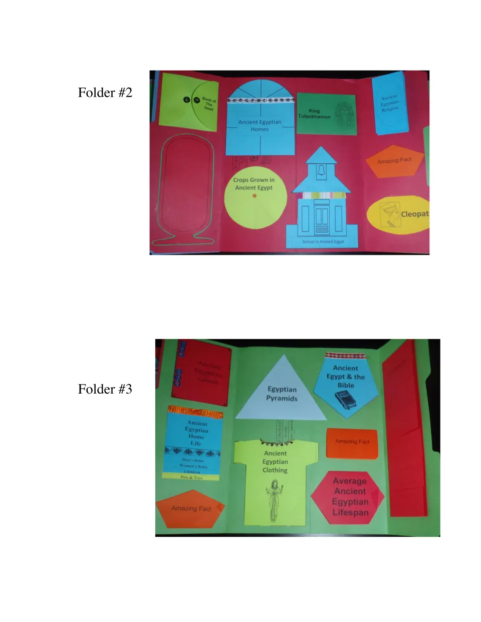 Photos of finished folders 2 and 3 with booklets on homes, crops, school, Cleopatra, pyramids, clothing and lifespan