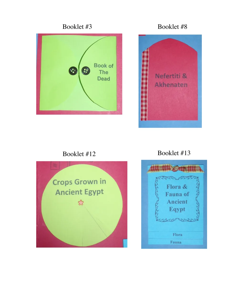 Close-up photos of booklets 3, 8, 12 and 13: Book of the Dead, Nefertiti & Akhenaten, crops circle, and flora and fauna