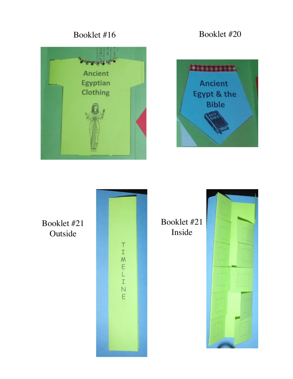 Close-ups of booklets 16, 20 and 21: Egyptian clothing shirt, Ancient Egypt & the Bible, and timeline outside and inside
