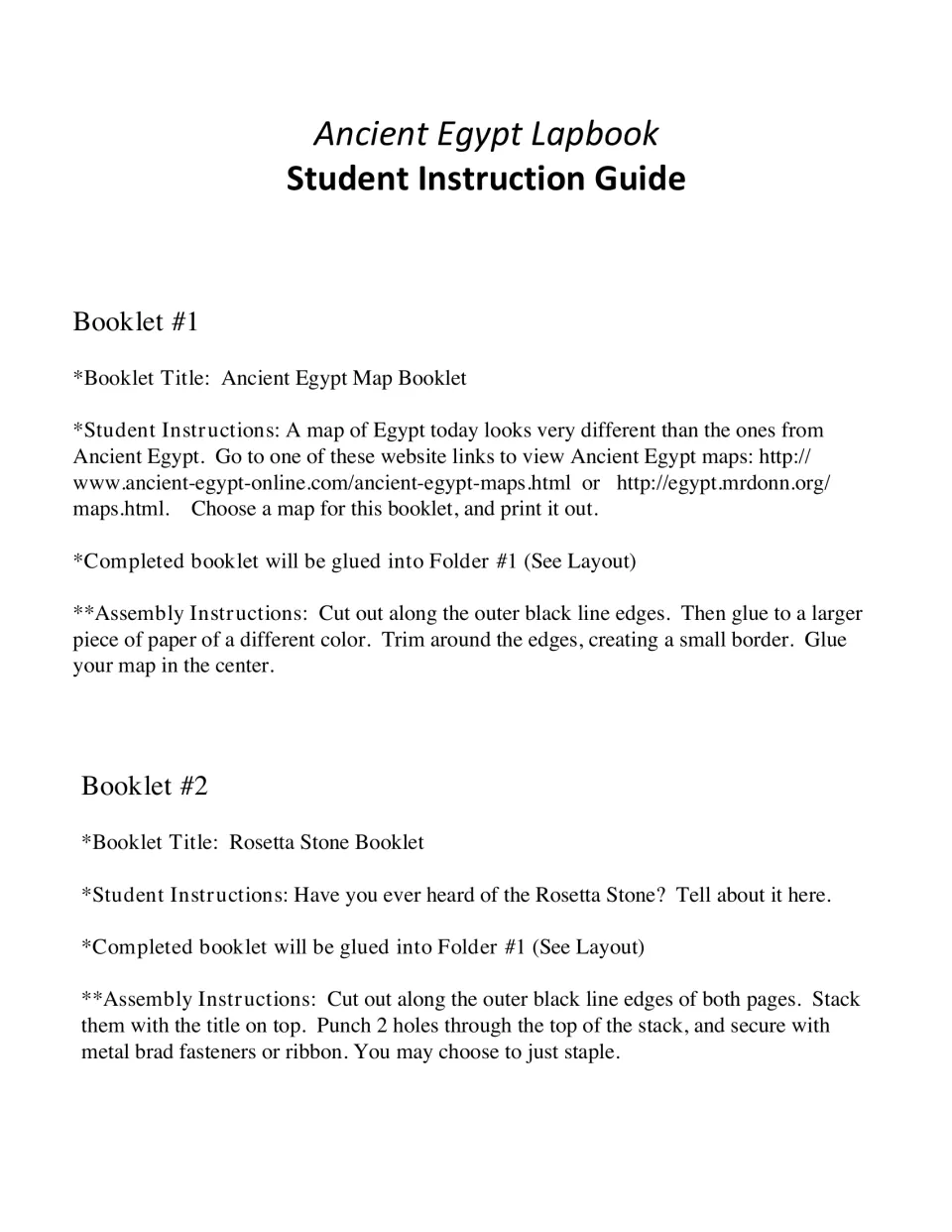 Student directions for booklet 1, an Ancient Egypt map to print, and booklet 2 on the Rosetta Stone, with cut and glue steps