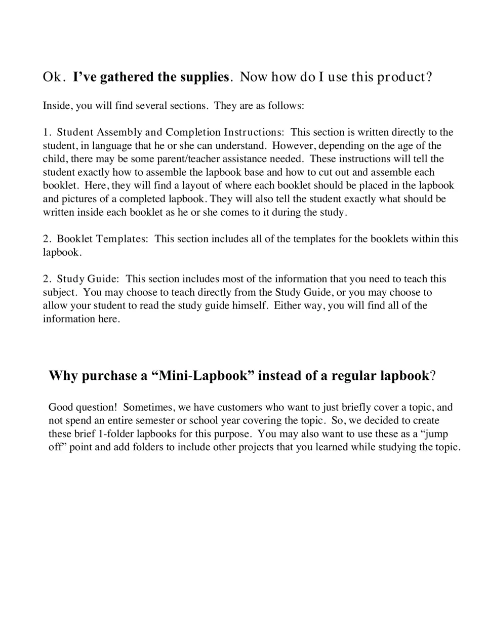 How to use it: the student instructions, booklet templates and study guide sections, and why choose a 1-folder mini-lapbook