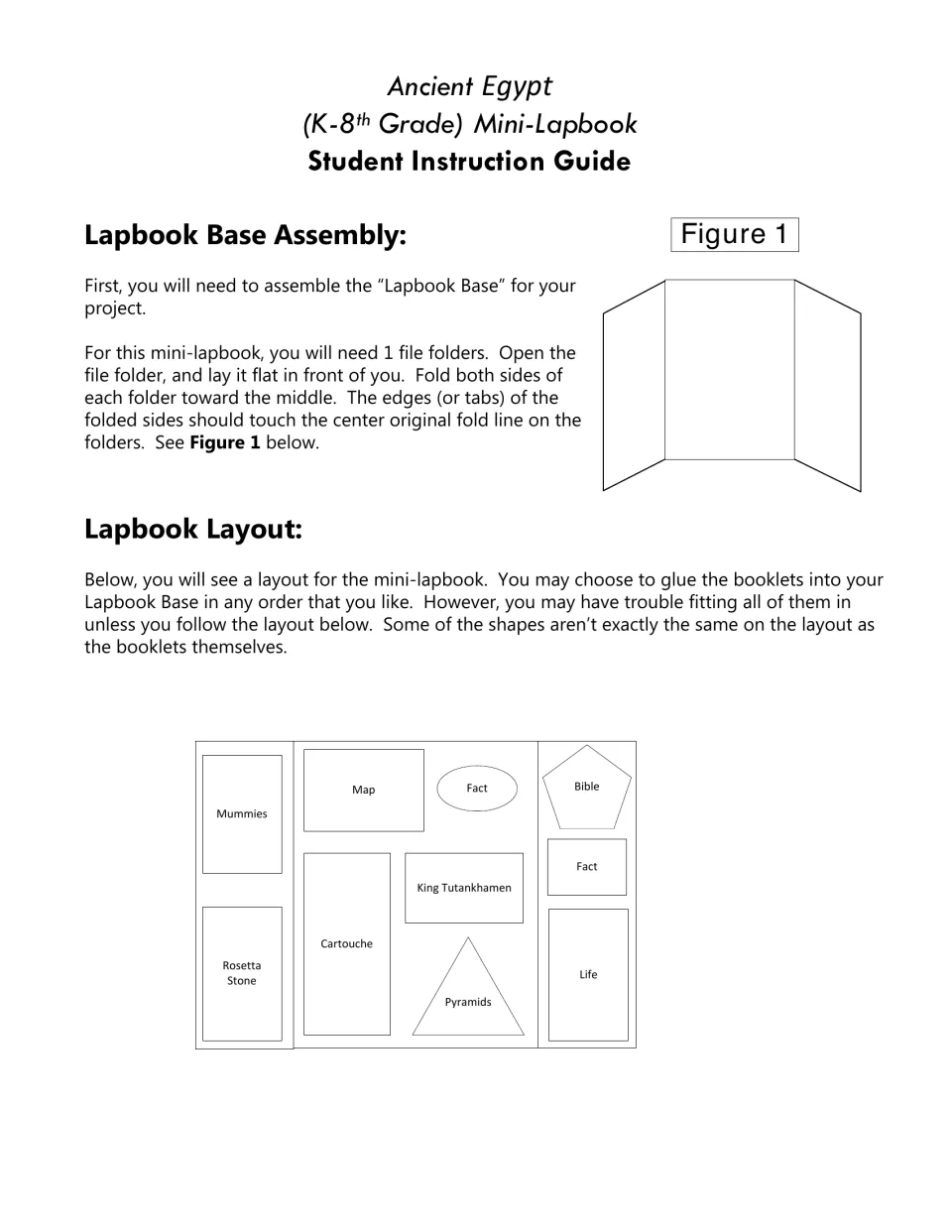 Lapbook base and layout: students fold a file folder and follow a plan placing mummies, map, cartouche and pyramid booklets
