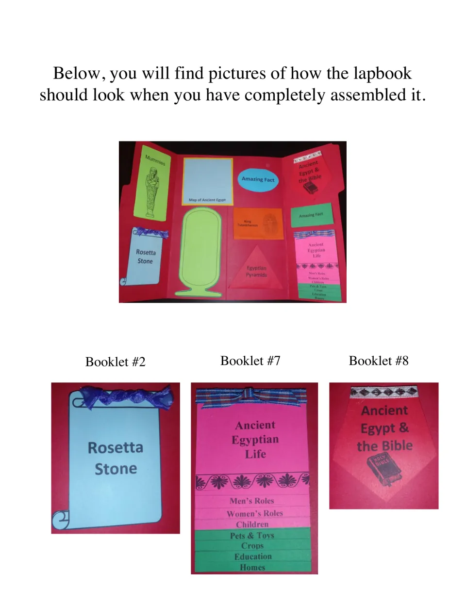 Finished lapbook photos in a red folder, plus close-ups of the Rosetta Stone, Egyptian Life and Egypt & the Bible booklets