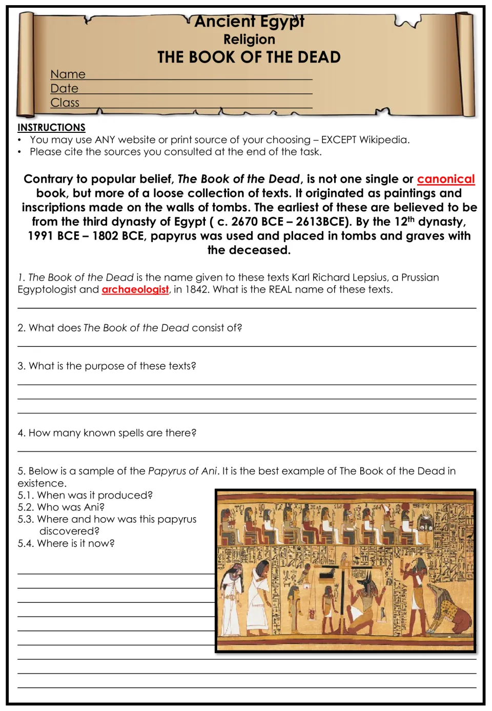 Book of the Dead intro: students research its real name, purpose, spell count and the Papyrus of Ani