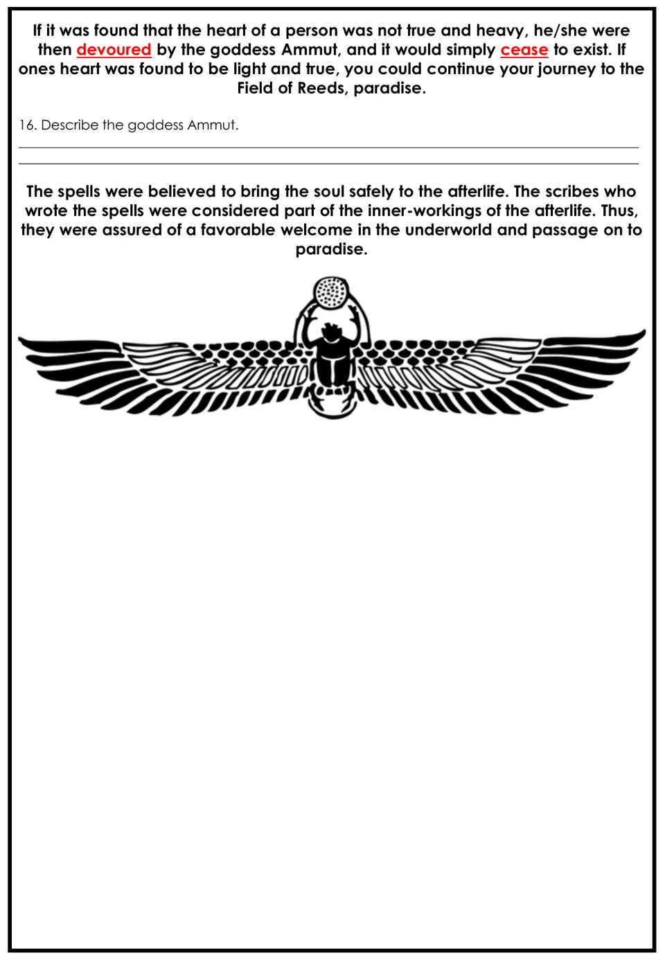 Weighing of the heart: students read about Ammut devouring false hearts and the Field of Reeds, then describe the goddess