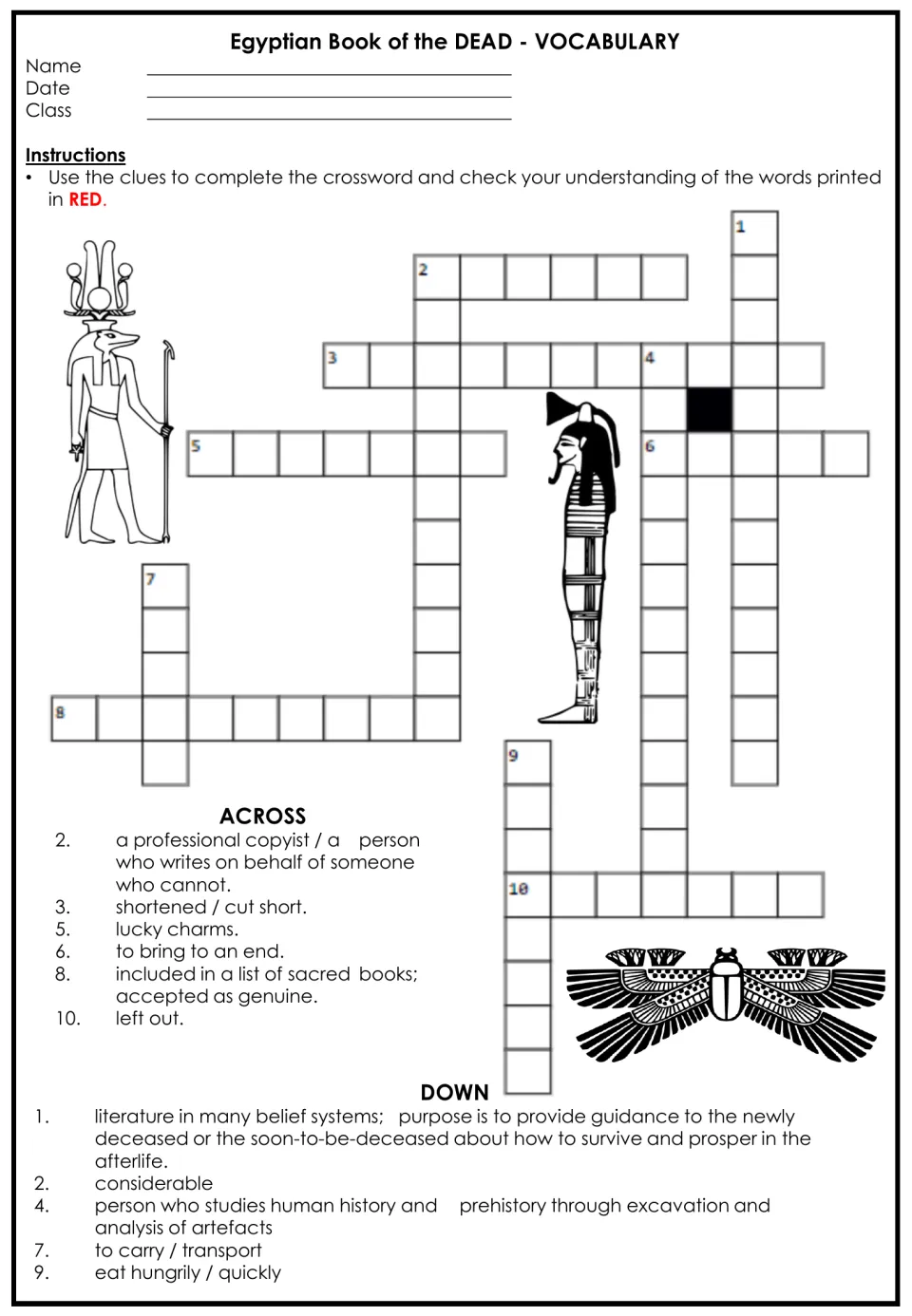 Afterlife vocabulary crossword: students solve across and down clues for words like scribe, amulets and canonical