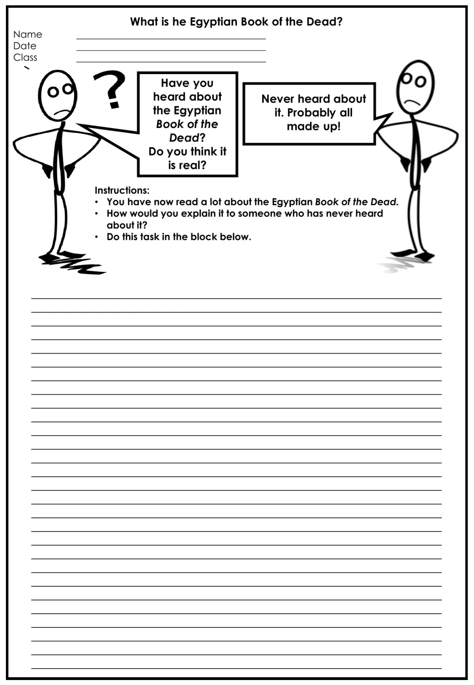 Summary writing task: students explain what the Egyptian Book of the Dead is to a stick figure who thinks it is made up