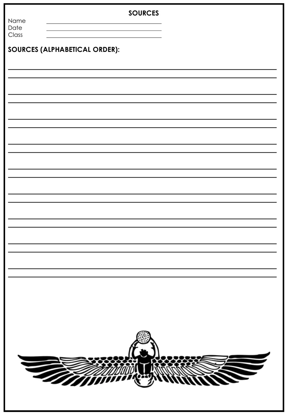 Sources sheet: students list the websites and print sources they consulted for their research in alphabetical order