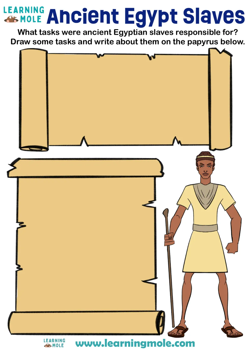 Slavery in ancient Egypt: students draw and write about tasks slaves did, on two papyrus scrolls beside a man with a staff