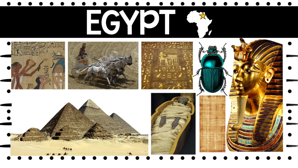 Egypt cover: photos of the pyramids, a mummy, a scarab beetle, hieroglyphs, a chariot and King Tut's gold mask