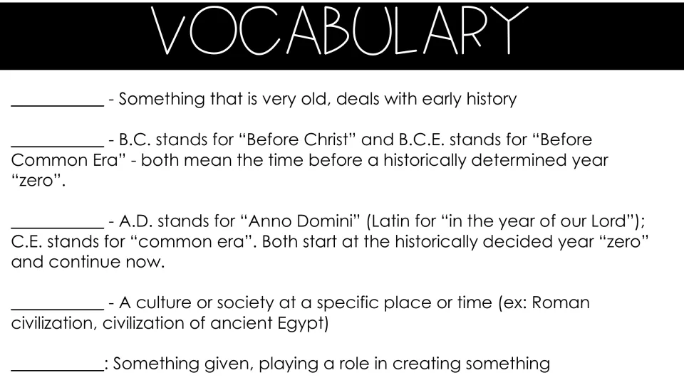 Vocabulary fill-in: students write the term for each definition, such as ancient, B.C.E., C.E., civilization