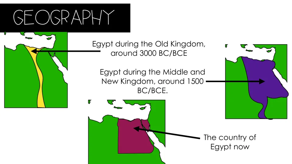 Geography maps comparing Egypt's land in the Old Kingdom, the Middle and New Kingdom, and the country of Egypt today