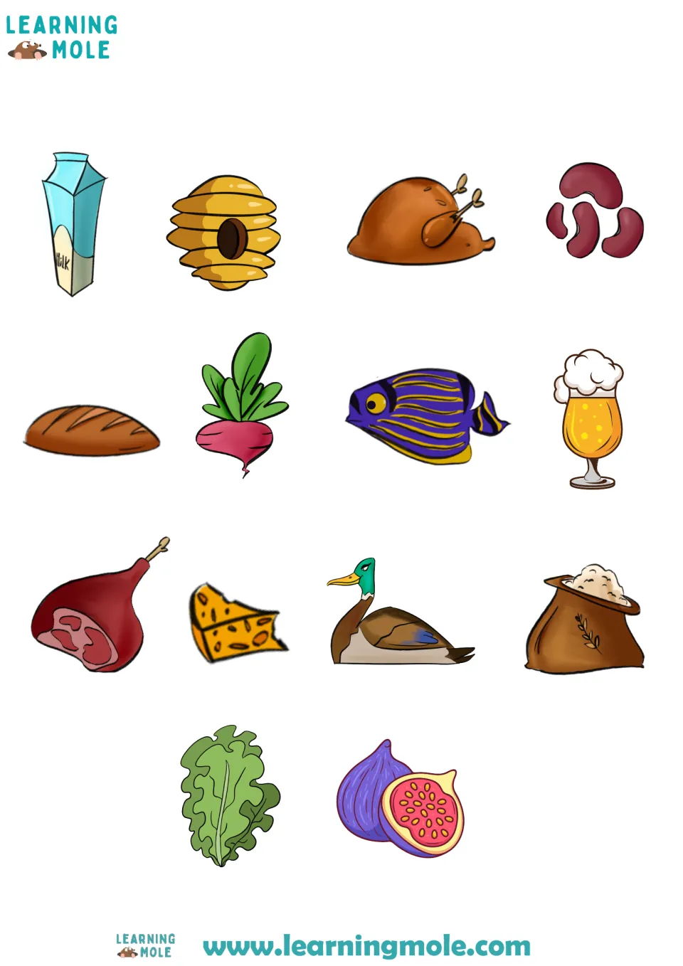 Food cut-outs: milk, beehive, roast bird, beans, bread, beetroot, fish, beer, ham, cheese, duck, grain, lettuce, figs