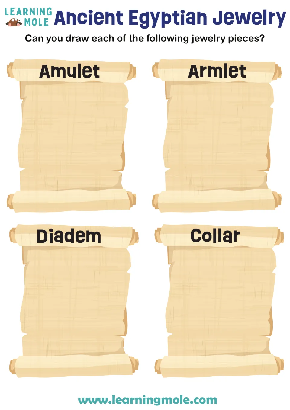 Ancient Egyptian jewelry: students draw an amulet, armlet, diadem and collar on four papyrus scrolls labeled by name