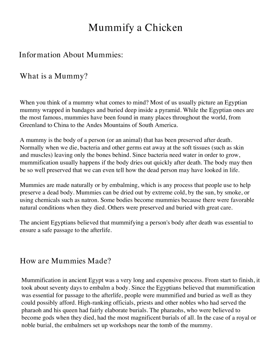 Introductory mummy reading defines mummies, explains preservation, and introduces Egyptian burial beliefs