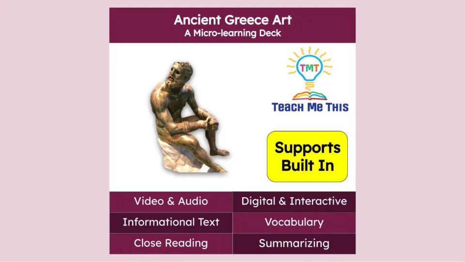 Ancient Greece Art cover introduces a micro-learning deck with video, audio, reading, and vocabulary.