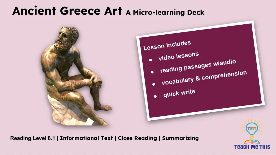 Lesson overview lists video lessons, reading passages with audio, vocabulary, comprehension, and a quick write.