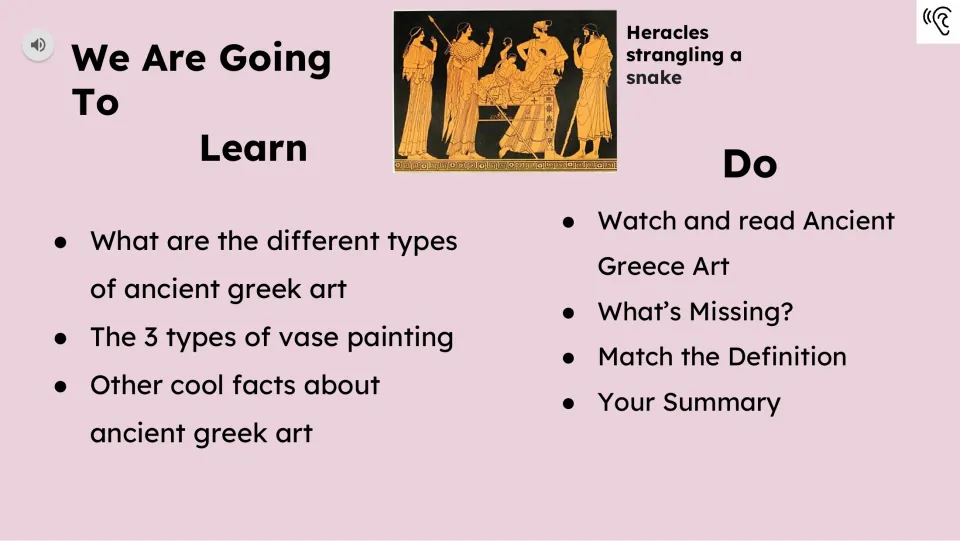 Learning objectives introduce Greek art types and three vase-painting types, followed by lesson tasks.