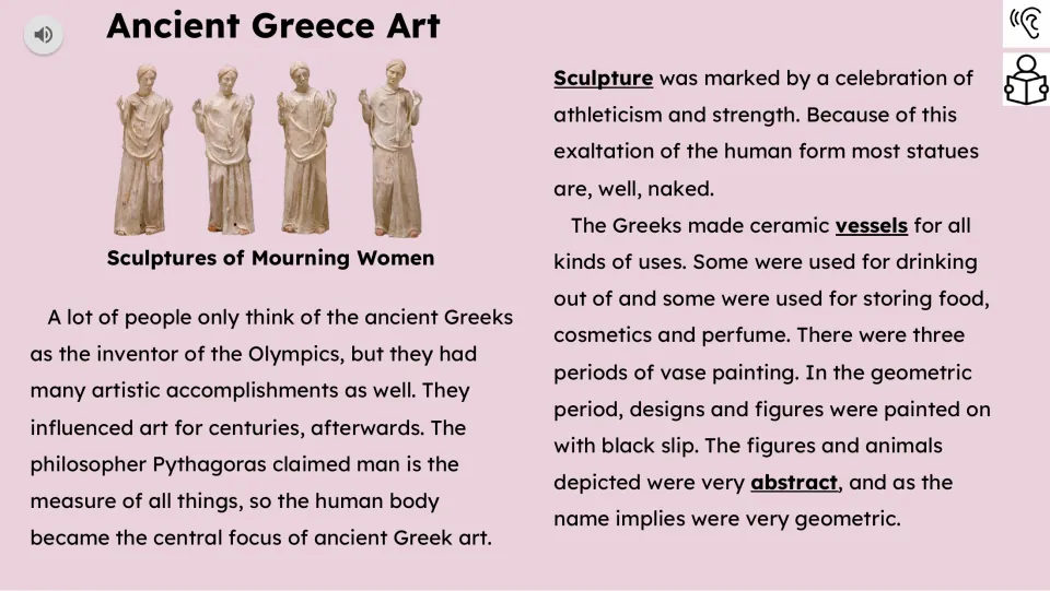 First reading slide explains the human body in Greek art, sculpture, ceramic vessels, and geometric designs.