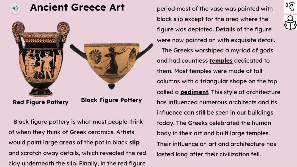 Second reading slide explains black-figure and red-figure pottery, temples, pediments, and Greek influence.