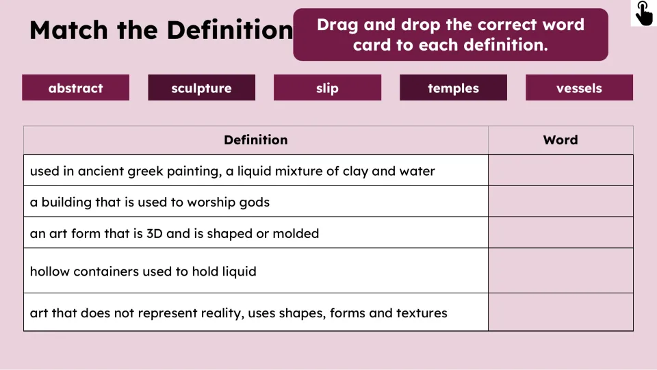 Match the Definition asks students to match abstract, sculpture, slip, temples, and vessels to five definitions.