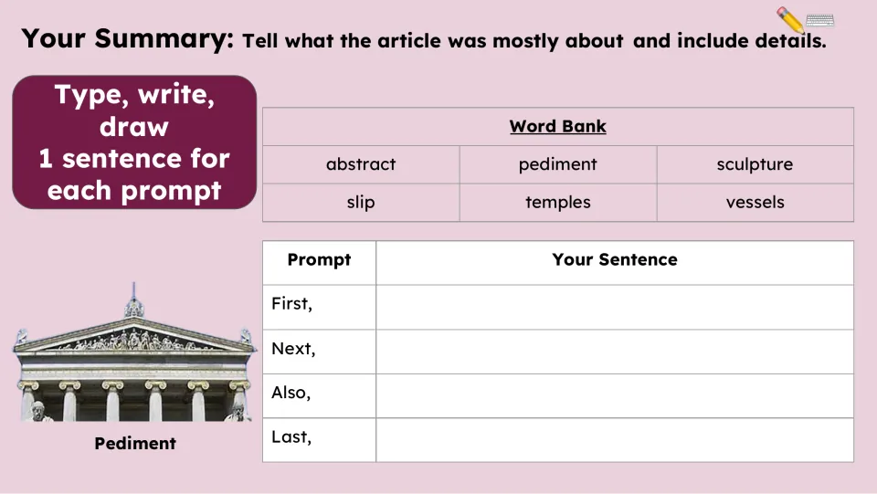 Summary activity asks for one sentence each beginning First, Next, Also, and Last, with a six-term word bank.