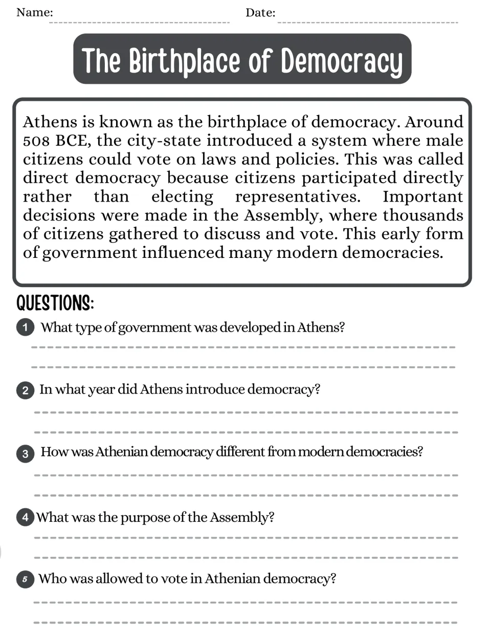 The Birthplace of Democracy: students read about direct democracy and the Assembly, then answer 5 comprehension questions