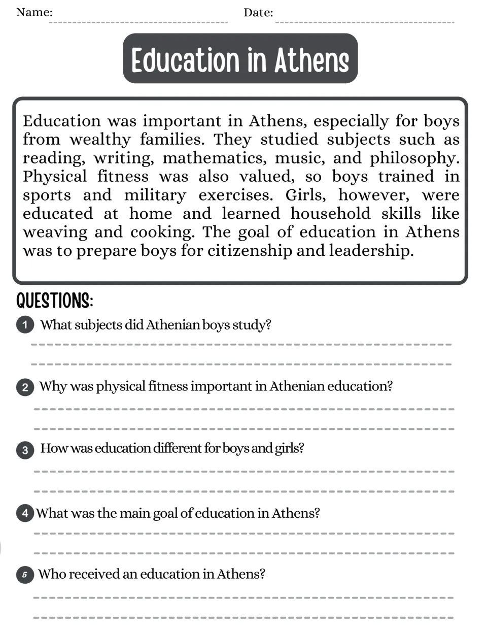 Education in Athens: students read how boys and girls were taught, then answer 5 questions on subjects, fitness and goals