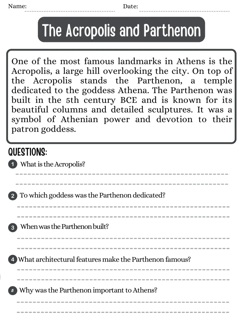 The Acropolis and Parthenon: students read about the temple to Athena, then answer 5 questions on its history and features