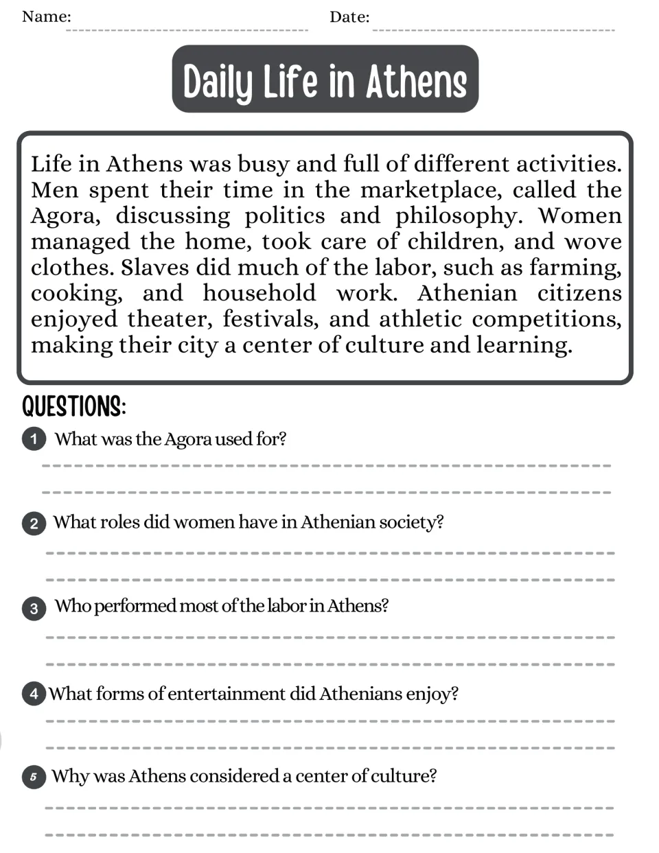 Daily Life in Athens: students read about the Agora, roles of women and slaves, then answer 5 short-answer questions