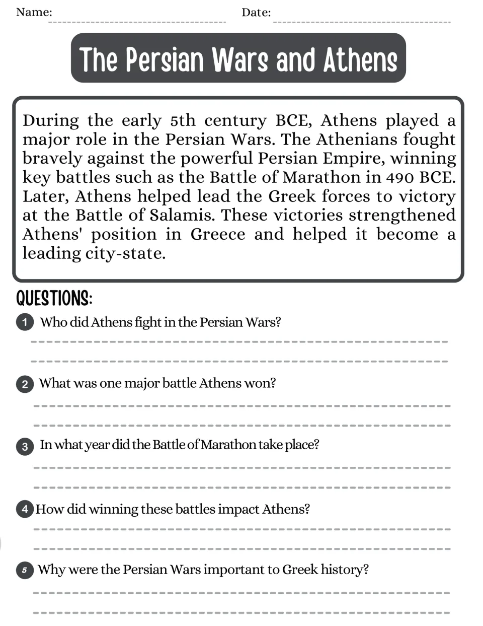 The Persian Wars and Athens: students read about Marathon and Salamis, then answer 5 questions on battles and their impact