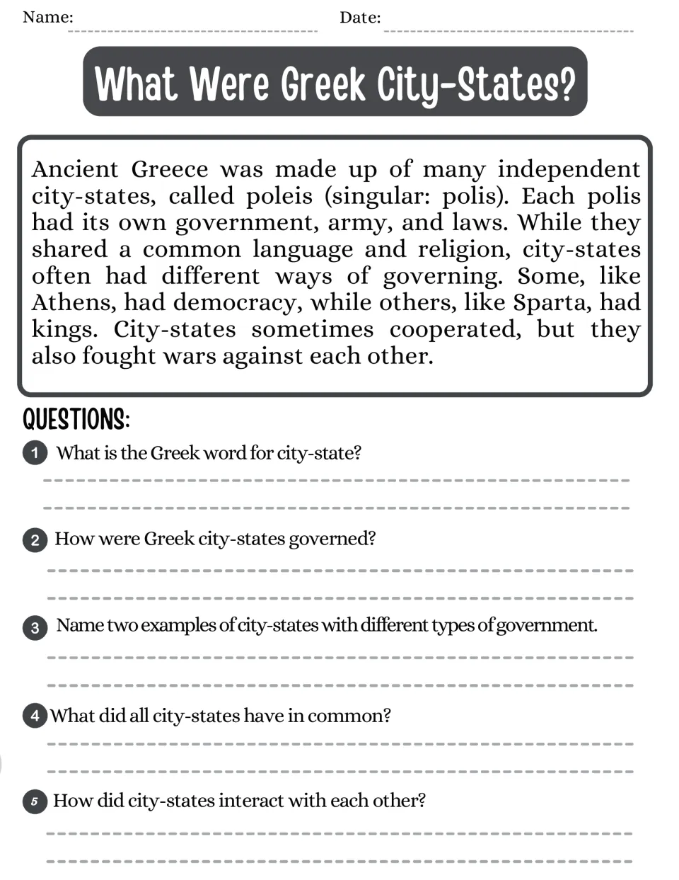 What Were Greek City-States?: students read about poleis, Athens and Sparta, then answer 5 comprehension questions