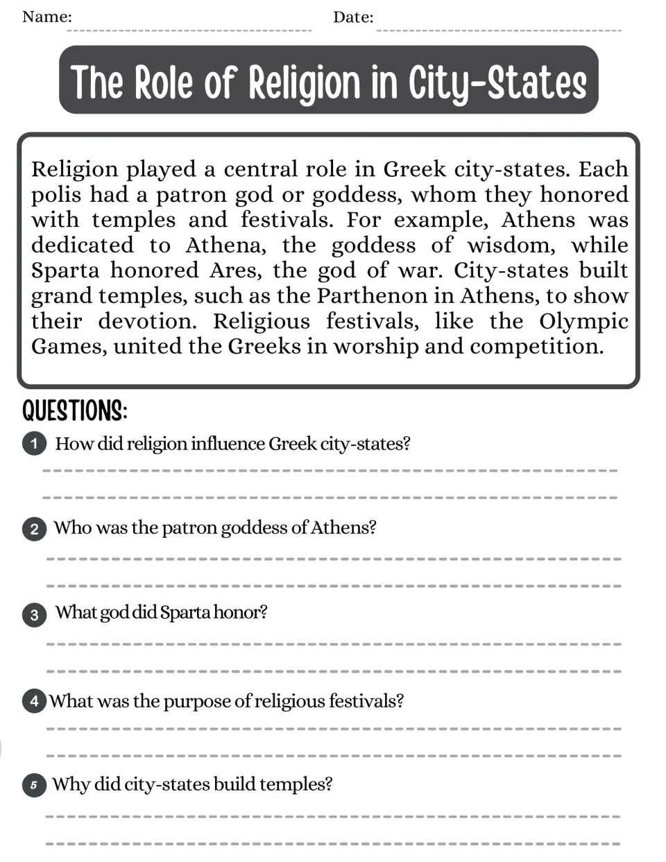 Role of religion in city-states: students read about Athena, Ares and the Parthenon, then answer 5 recall questions