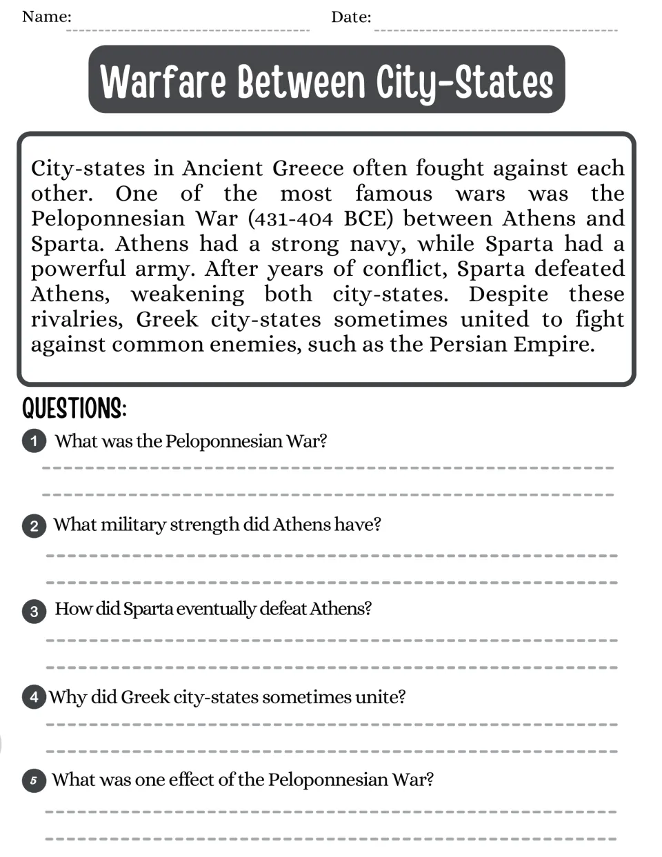 Warfare between city-states: students read about the Peloponnesian War and Persian threat, then answer 5 questions